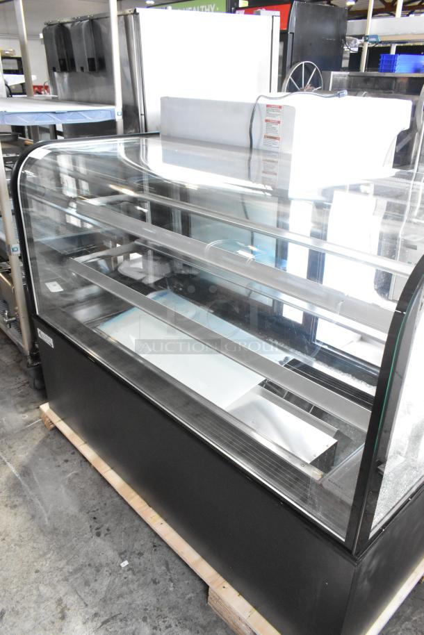 Brand new Avantco 193BC60HCB 60" curved glass black refrigerated bakery display case. Visible broken glass, 110-120V, 1 phase.