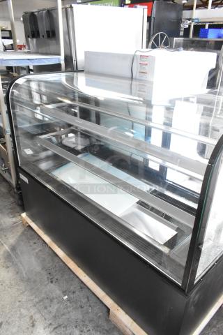 Brand new Avantco 193BC60HCB 60" curved glass black refrigerated bakery display case. Visible broken glass, 110-120V, 1 phase.