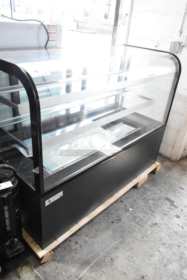 Avantco 193BC60HCB 60" refrigerated bakery display case, curved glass, black finish, scratch and dent, broken glass visible.