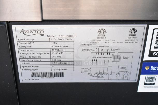 Avantco 193BC60HCB 60" curved glass bakery display case, brand new, with broken glass. Voltage: 110-120V, 1 Phase.