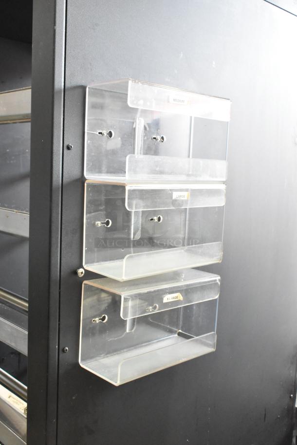 Lakeside metal bakery display case with clear compartments labeled Medium, Large, X-Large; on commercial casters.