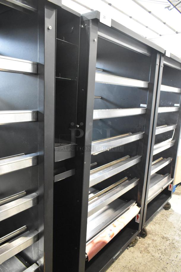 Lakeside metal bakery display case with multiple shelves, commercial casters, and 125V power. Ideal for bagel and pastry display.