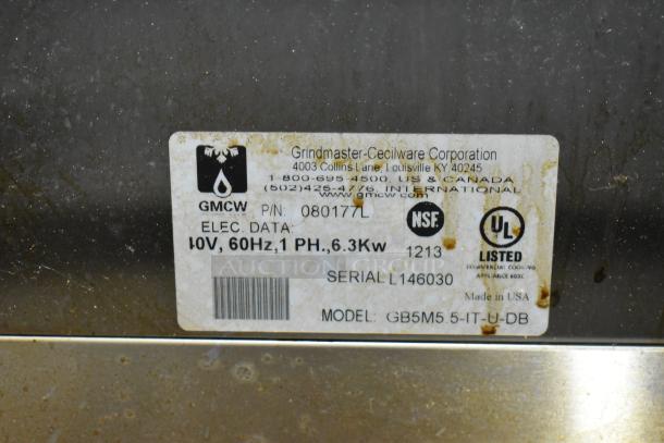 Grindmaster GB5M5 stainless steel cappuccino machine label, 120V, 1 Phase, NSF and UL listed, serial L146030.