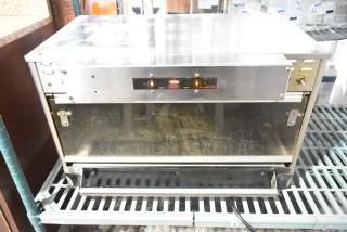 Hatco Glo Ray stainless steel commercial heated warming case, 120 volts, 1 phase, visible control panel, used condition.