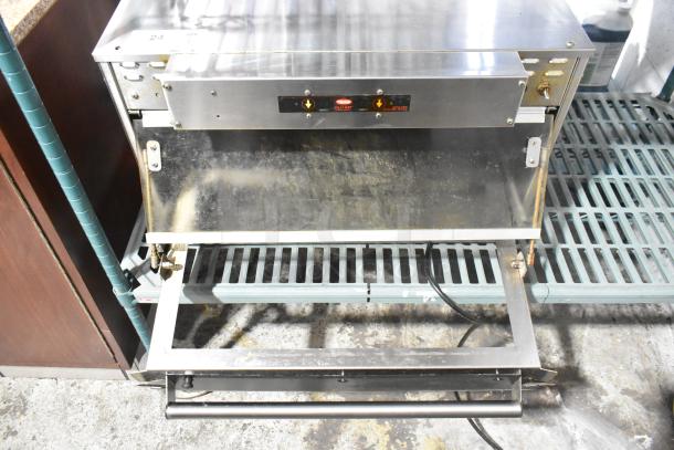 Hatco Glo Ray stainless steel heated warming case, 120 volts, 1 phase, used condition, visible controls and power cord.