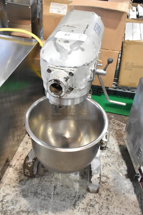 Hobart A 200 metal commercial mixer, 20-quart, with metal bowl. Visible wear on body. Model A 200, 115V, 1 phase.