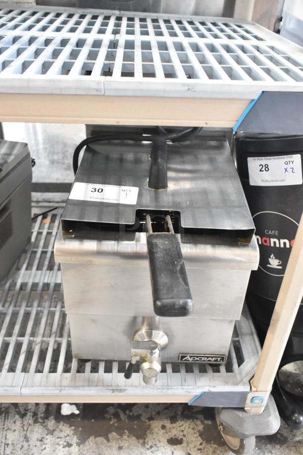Adcraft DF-12L stainless steel electric deep fryer with metal basket and lid, single bay, 208/240V, countertop model.