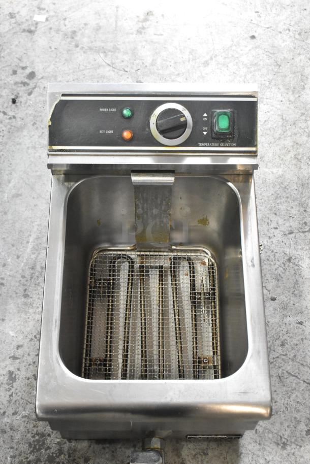 Adcraft DF-12L stainless steel electric countertop deep fryer with metal basket, lid, and control panel; 208/240V, 1 phase.