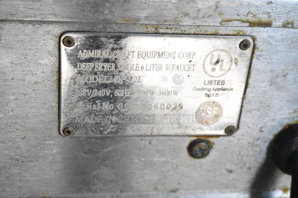 Adcraft DF-12L stainless steel deep fryer label showing model, voltage, and certifications. Features 208/240 volts, 1 phase.