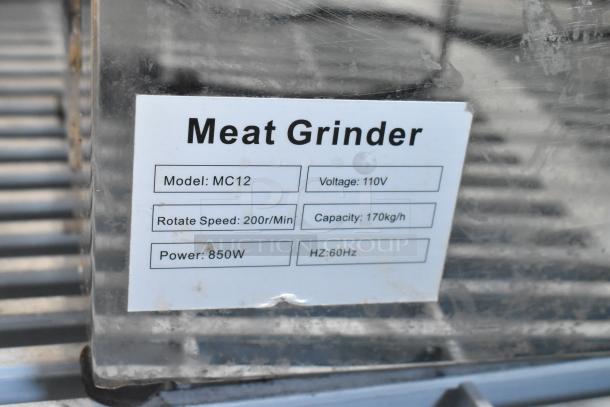 PrepLine MC12 commercial meat grinder, silver, 110V, 850W, 200r/min, 170kg/h capacity. Model label visible.