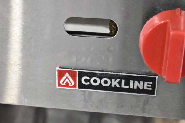 Cookline Stainless Steel Gas Griddle, red control knob, brand logo. Ideal for commercial kitchens, good condition.