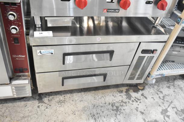 2023 Avantco 178CBE36HC stainless steel 2-drawer chef base on commercial casters, 115V, 1 Phase, in good condition.