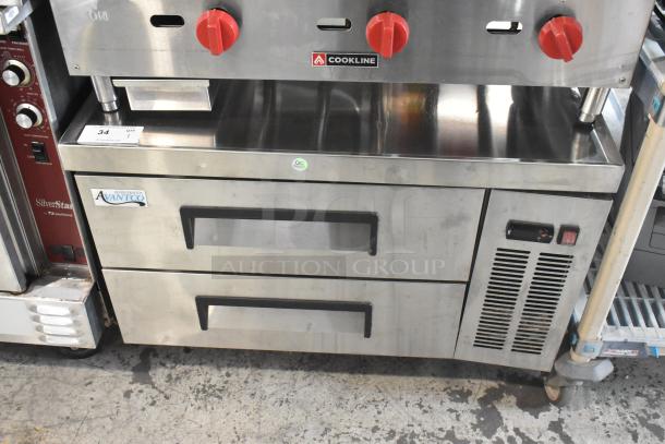 2023 Avantco 178CBE36HC stainless steel 2-drawer chef base, commercial casters, 115V, inspected sticker visible, good condition.