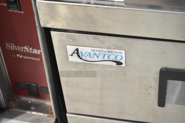2023 Avantco 178CBE36HC stainless steel 2-drawer chef base with logo, on commercial casters, 115V single phase.