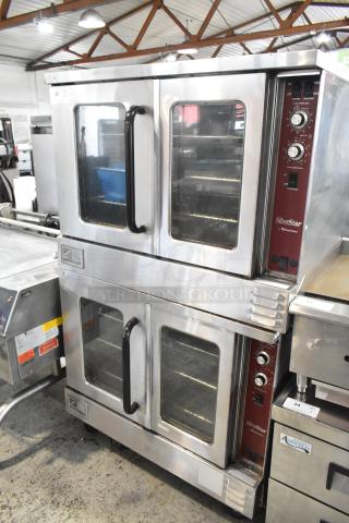 Southbend SilverStar stainless steel convection oven, dual gas powered units with view-through doors, racks, thermostatic controls, on casters.