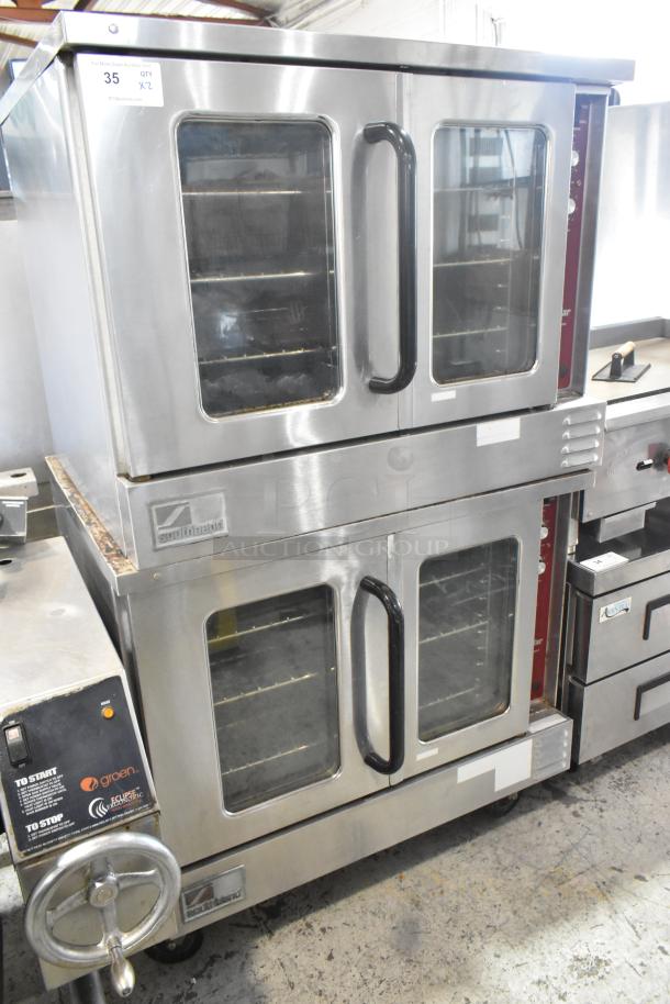 Southbend SilverStar stainless steel commercial convection ovens, gas-powered, with view-through doors, oven racks, thermostatic controls, and casters.
