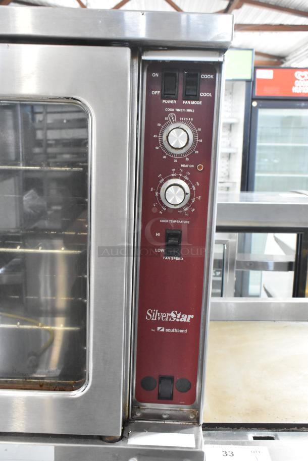 Southbend SilverStar stainless steel commercial gas convection oven with view-through doors, metal racks, and thermostatic controls on casters.