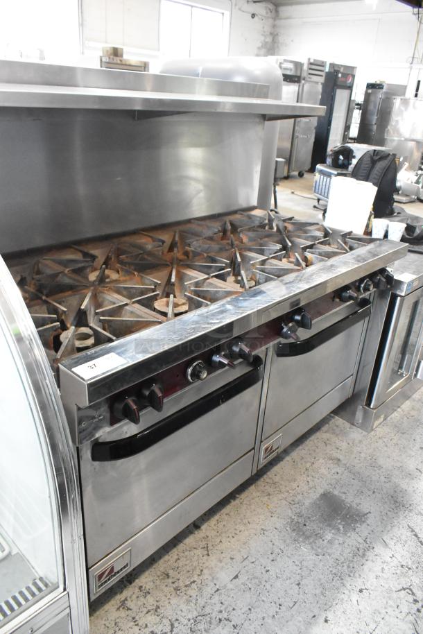 Southbend X460DD stainless steel 10 burner range, 2 ovens, overshelf, backsplash, commercial gas, good condition.