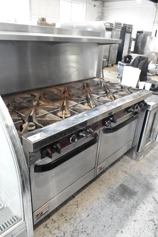 Southbend X460DD stainless steel 10 burner range, 2 ovens, overshelf, backsplash, commercial gas, good condition.