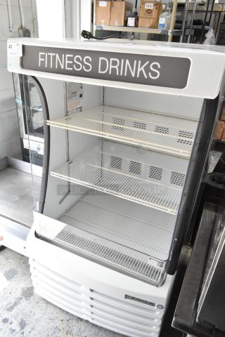 Beverage Air BZ13-1-W commercial open merchandiser, metal, 115V, 1 phase, with several wire shelves, labeled "Fitness Drinks".