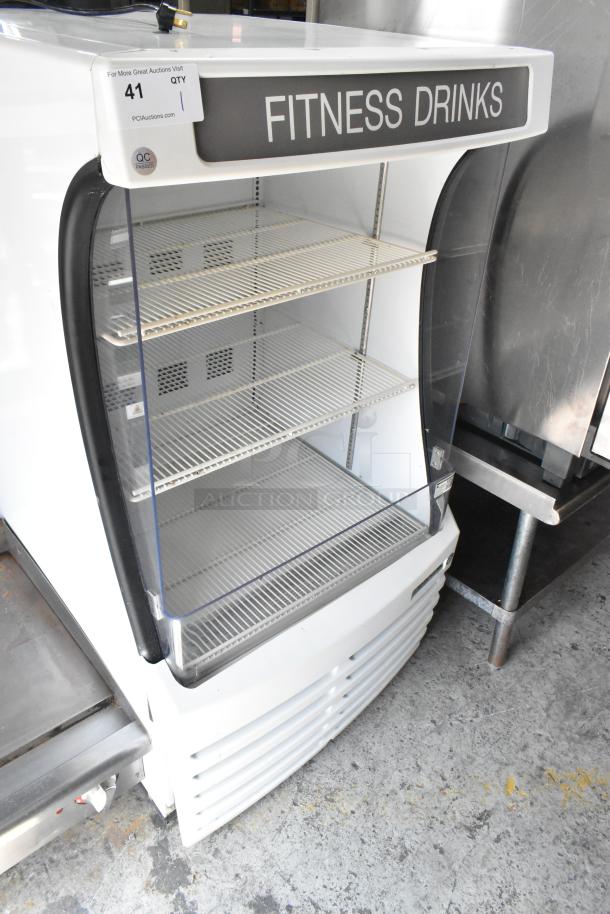 Beverage Air BZ13-1-W commercial open merchandiser, white, 115 volts, 1 phase. Features 4 shelves and "Fitness Drinks" sign.