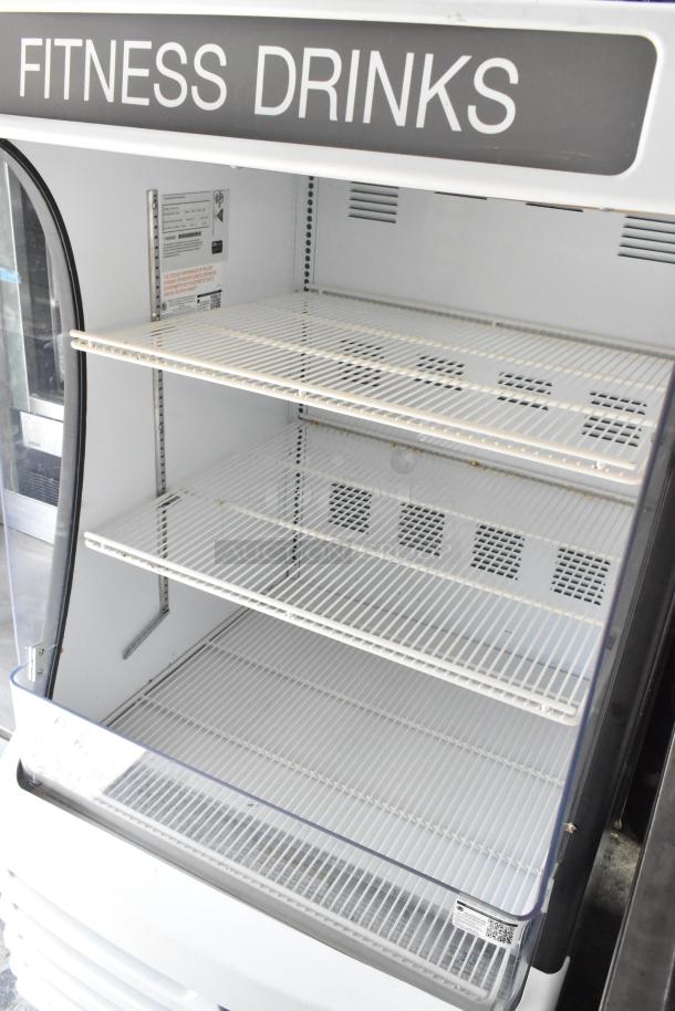 Beverage Air BZ13-1-W metal commercial merchandiser, open design, 115V, 1 phase, "Fitness Drinks" label, clean shelves.