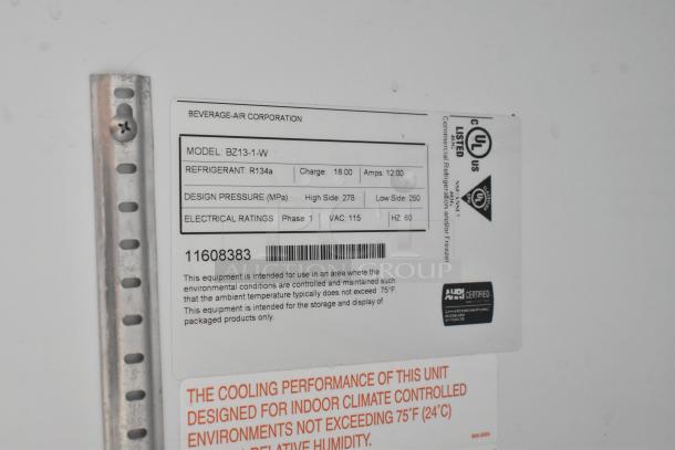 Beverage Air BZ13-1-W Merchandiser label showing model, refrigerant R134a, 115 volts, and UL certification.