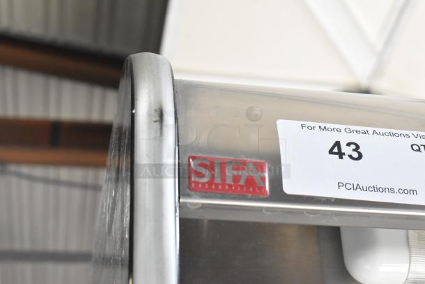 Sifa GAEP6L096N0710 metal commercial reach-in grab-n-go merchandiser. Features 220-240 volts, 1 phase. Sifa branding visible.