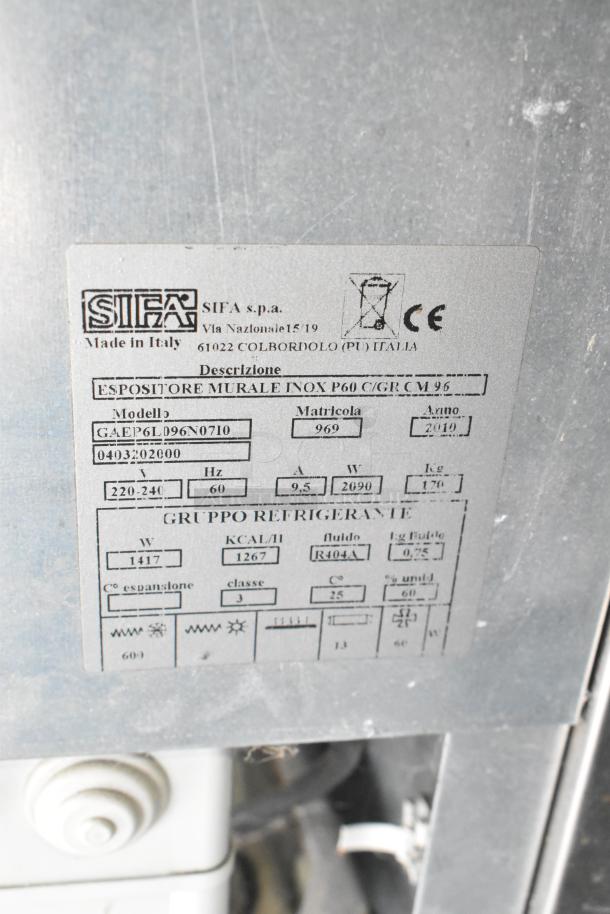 Sifa GAEP6L096N0710 metal merchandiser label showing model, voltage, and specifications. Made in Italy.