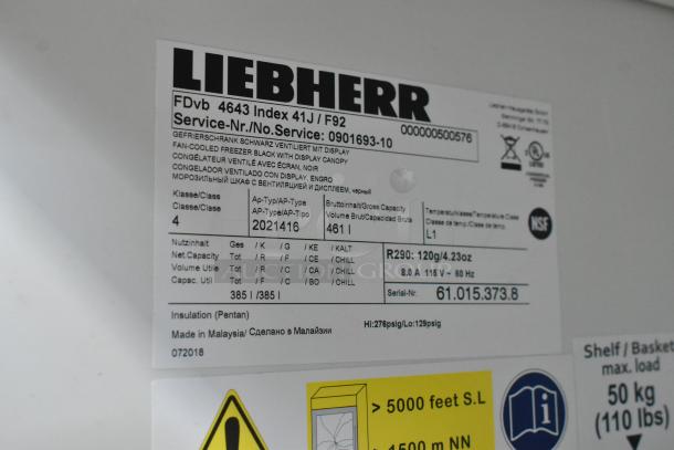 Liebherr commercial reach-in cooler tag. FDvb 4643 model, 115V, single phase, NSF certified. Serial No. 61.015.373.8.