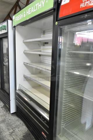 Turbo Air TOM-48E metal commercial open merchandiser, 115 volts, 1 phase. Features multiple shelves and "Fresh & Healthy" signage.