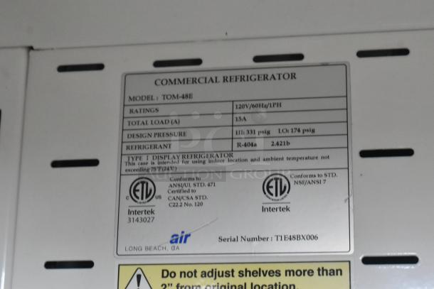 Turbo Air TOM-48E commercial open merchandiser label, 115V, 1 phase, model details and specs, certified by Intertek.