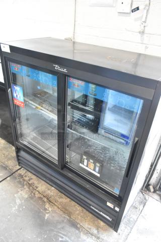 2019 True GDM-41SL-48-HC-LD 2-door cooler, black metal, sliding glass doors, poly-coated racks, lightly used, 115V.