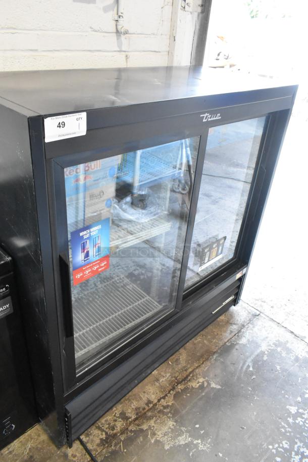 2019 True GDM-41SL-48-HC-LD commercial 2-door cooler, metal frame, poly-coated racks, 115V, 1-phase, clean condition.