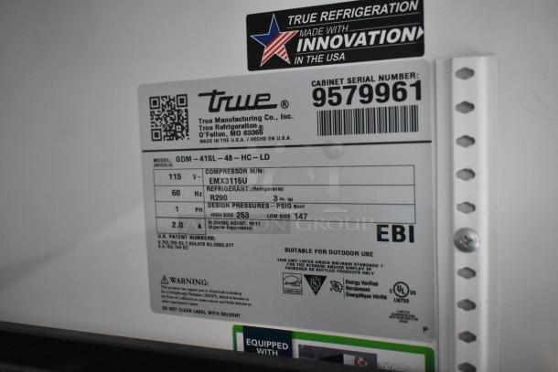 2019 True GDM-41SL-48-HC-LD 2-door cooler label, 115V, phase 1, R290 refrigerant, serial 9579961, energy verified.