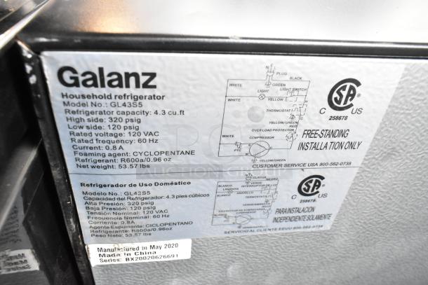 Galanz GL43S5 Mini Cooler label. Features: 115V, 1 Phase, 4.3 cu.ft, Cyclopentane refrigerant. Manufactured May 2020, China.