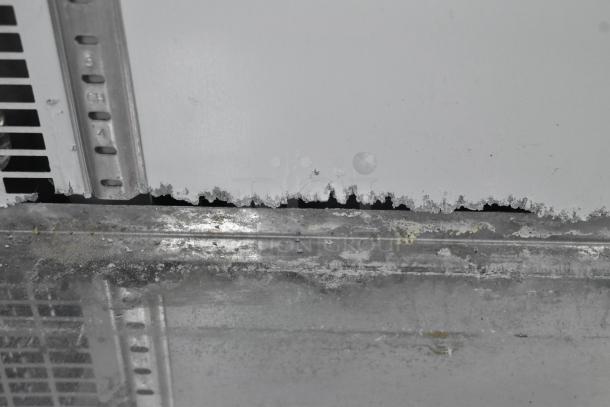 Frost buildup on interior surface of 2019 Habco SE18 commercial cooler. Shows condition and wear of metal and poly coated parts.