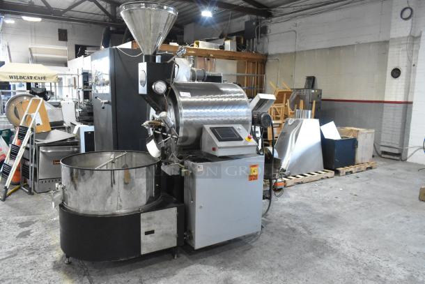 US Roaster Corp metal commercial roaster/smoker, natural gas-powered, 208-230/460V, 3-phase, stainless steel, control panel.