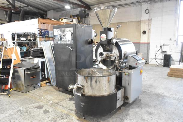 US Roaster Corp metal roaster/smoker, natural gas powered, 208-230/460 volts, 3 phase, commercial use, in industrial setting.