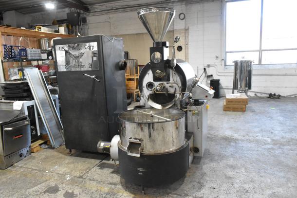 US Roaster Corp metal commercial roaster/smoker, natural gas powered, 208-230/460V, 3 phase, shown in industrial setting.