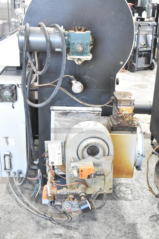 US Roaster Corp metal commercial roaster/smoker, natural gas powered, 208-230/460V, 3 phase. Shows wiring and components.