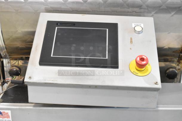 US Roaster Corp commercial roaster/smoker control panel. Natural gas, 208-230/460V, 3-phase. Emergency stop button visible.