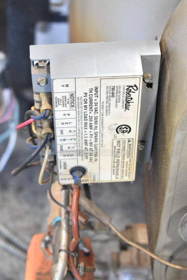 US Roaster Corp commercial natural gas roaster, visible wiring, Robertshaw control label, 208-230/460V, 3-phase.