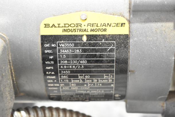 US Roaster Corp commercial roaster/smoker motor, Baldor Reliance, 208-230/460V, 3-phase, visible model and electrical specs.