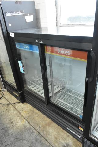 2019 True GDM-41SL-48-HC-LD cooler, 2-door reach-in, metal frame, poly coated racks, 115V, 1 phase, dairy and juice labels.