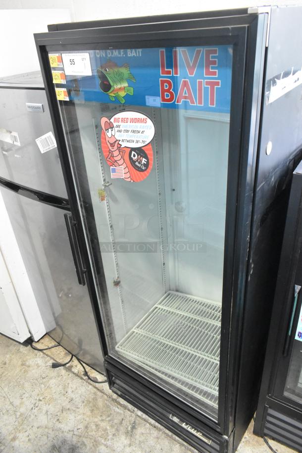 True GDM-12 commercial cooler, single door, glass front, poly coated racks, 115 volts, 1 phase, visible "Live Bait" sign.