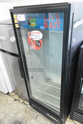 True GDM-12 commercial cooler, single door, glass front, poly coated racks, 115 volts, 1 phase, visible "Live Bait" sign.