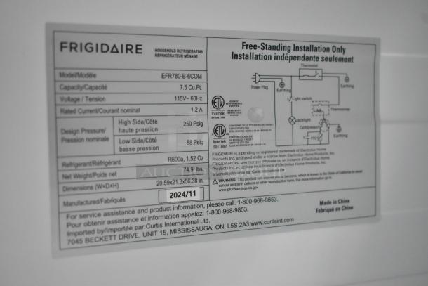 Label of 2024 Frigidaire EFR781-B-6COM cooler with freezer. 115V, 1 phase, 7.5 cu. ft., R600a refrigerant, made in China.