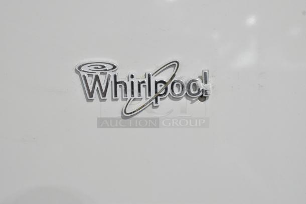 Whirlpool WRT511SZDW00 logo on reach-in cooler. White finish, suitable for 115V, 1 phase. Distinct brand emblem.