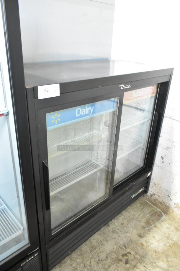 2019 True GDM-41SL-48-HC-LD metal commercial 2-door cooler with poly-coated racks, visible labels "Dairy" and "Juices".